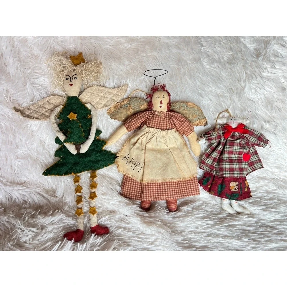 3 Rustic Primitive Christmas Tree Ornaments Angels Bunny Whimsical Folk Art